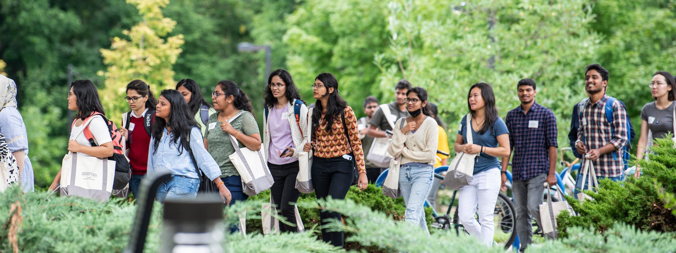 International students on an orientation walk around campus.